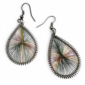 Craft Show Silver Toned Wire and Rainbow Thread Sculpture Teardrop Earrings